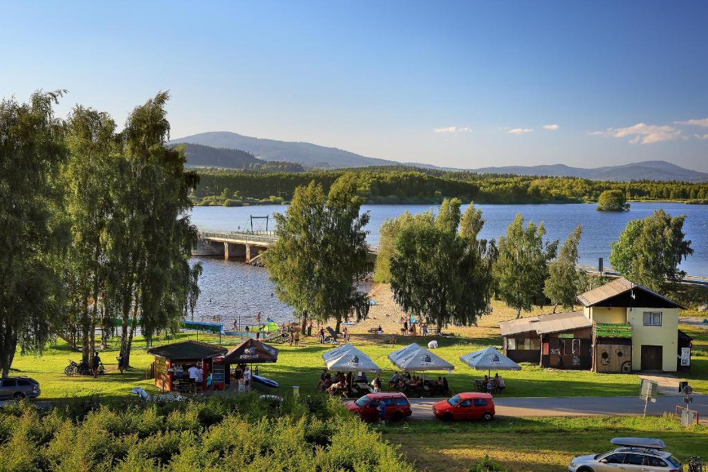 a group of cars parked in a park next to a lake at Apartmány Panelka Costa Plana Lipno in Černá v Pošumaví