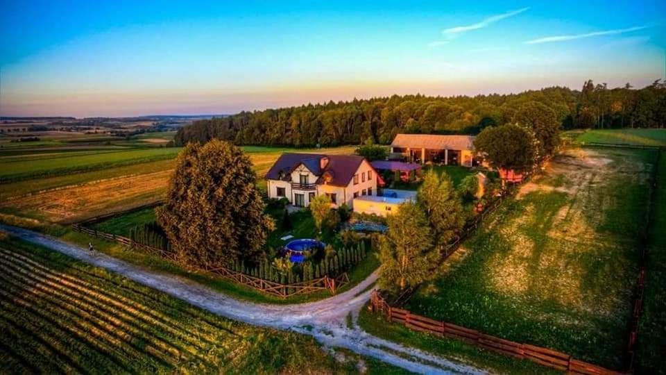 uma vista aérea de uma grande casa num campo em Bałkanówka em Kraśniczyn