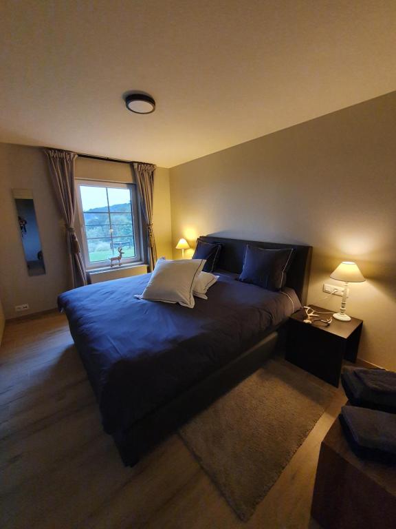 um quarto com uma cama grande e uma janela em Villa de la Sablière em Amougies