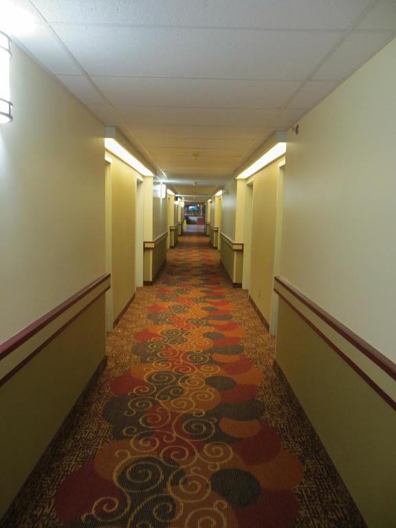 a hallway with a carpeted floor in an office building at Super 8 by Wyndham Sherwood Park/Edmonton Area in Sherwood Park