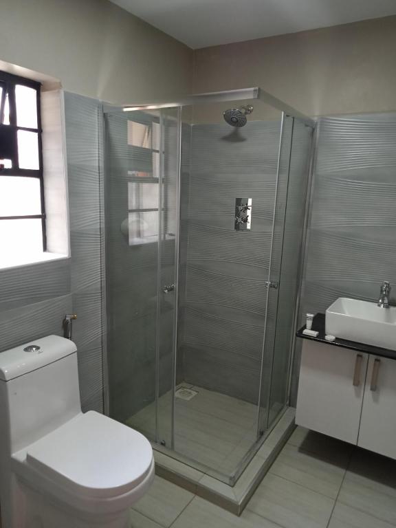 a bathroom with a shower and a toilet and a sink at El Sueno Homestay in Naivasha