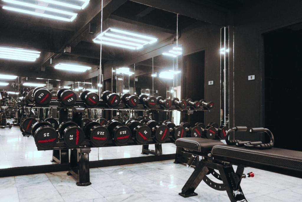 A mirrored strength-training room with a dumbbell rack and adjustable bench.