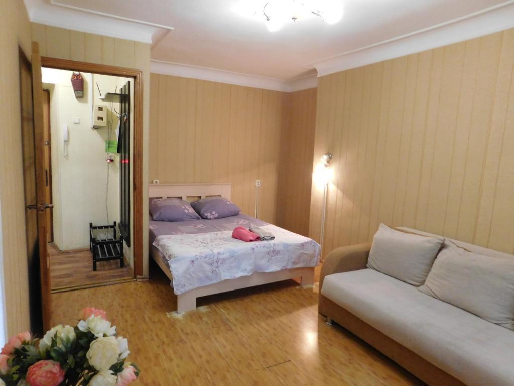 ピャチゴルスクにあるпл Ленина 8-1 апартаменты в центре курзонаのベッドルーム(ベッド1台、ソファ、鏡付)