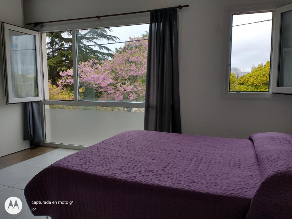 1 dormitorio con cama morada y ventana en Departamento Serrano en Tandil