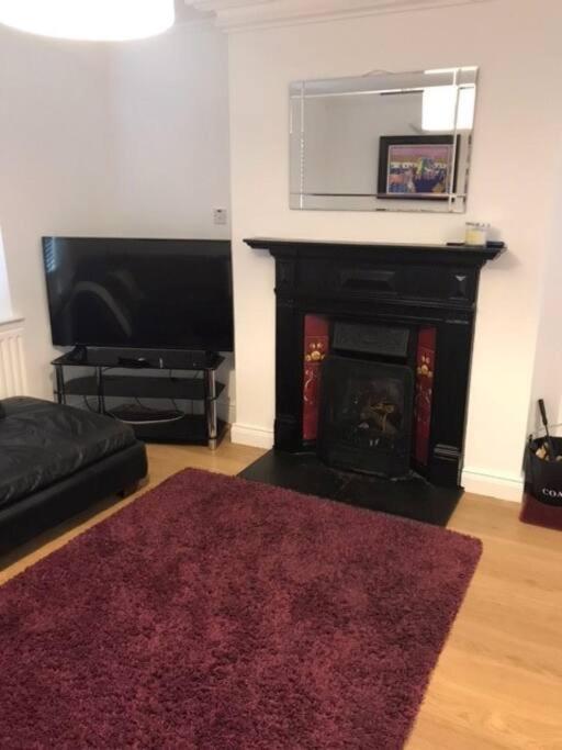 a living room with a fireplace and a flat screen tv at Tinnins Cottage in Newry