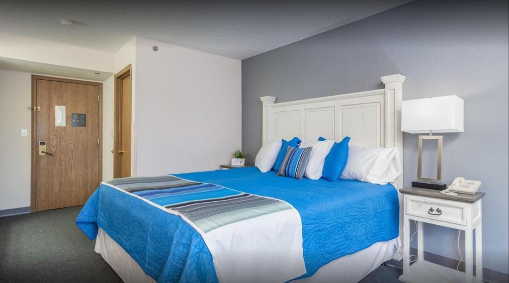 a bedroom with a blue and white bed and a phone at Buffalo Lodge in Buffalo