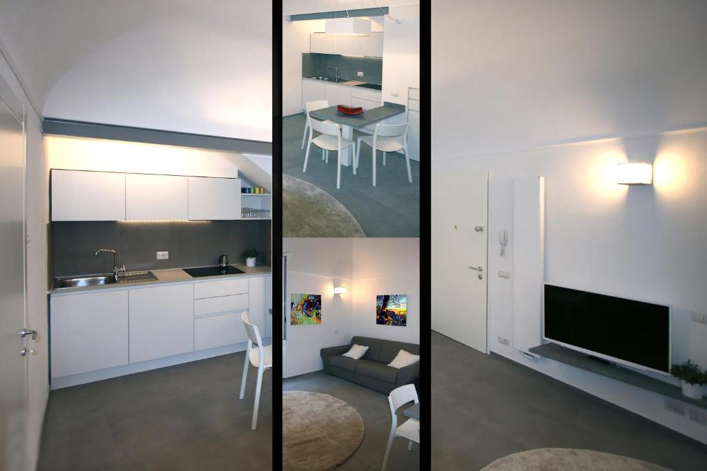 two images of a kitchen and a living room at G30 Finalborgo Lodging'n Bike Box in Finale Ligure