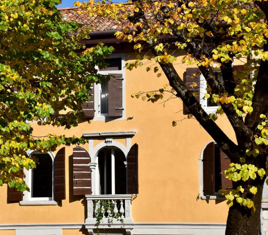 Una casa amarilla con un árbol delante. en Casa Alpha en Vittorio Veneto