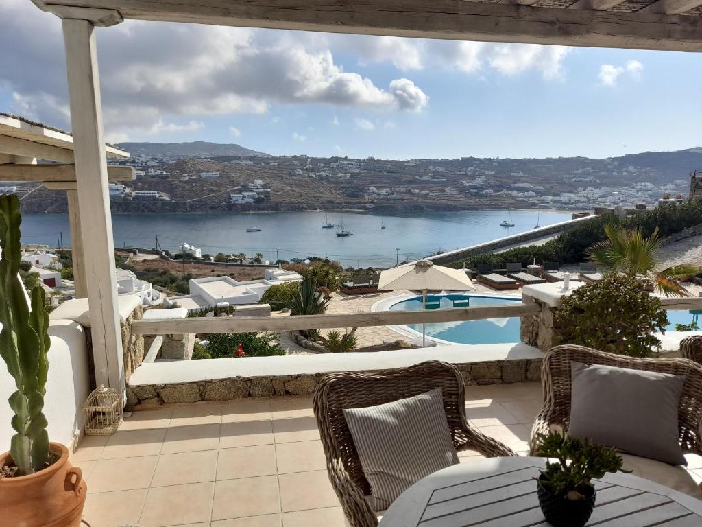 a balcony with a view of the water at Navy Blue Suites in Ornos