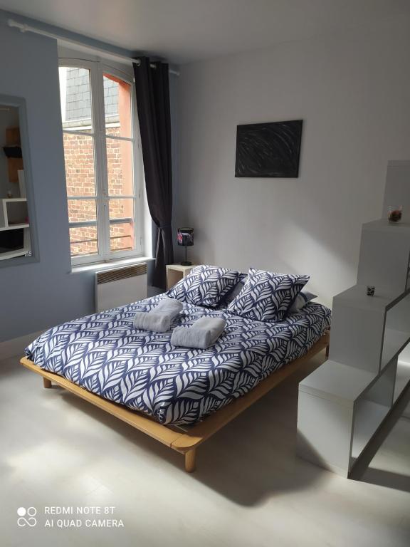 een slaapkamer met een bed en een raam bij le studio de la plage in Trouville-sur-Mer