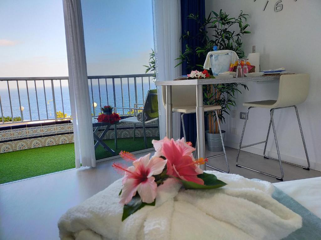 a room with a bed with a view of the ocean at Playa Monis 1 in Icod de los Vinos