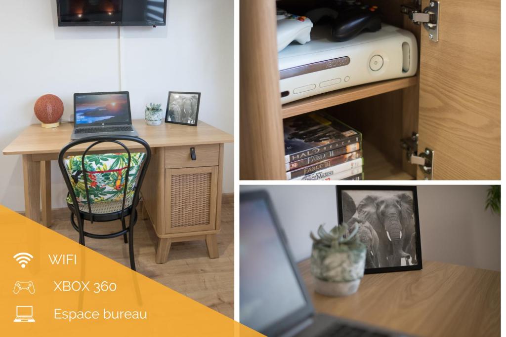 a collage of pictures of a room with a desk and a laptop at KASA HOME - Calme, Cosy, WIFI &amp; Netflix in Saint-Martin-la-Plaine