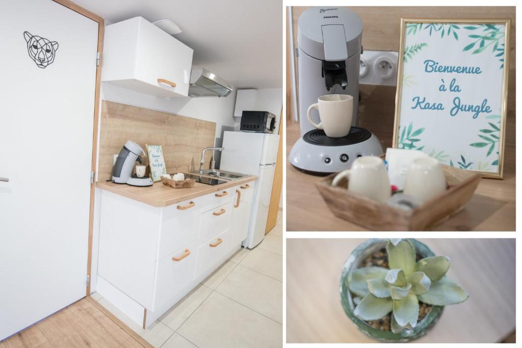 two pictures of a kitchen with a refrigerator and a sink at KASA HOME - Calme, Cosy, WIFI &amp; Netflix in Saint-Martin-la-Plaine