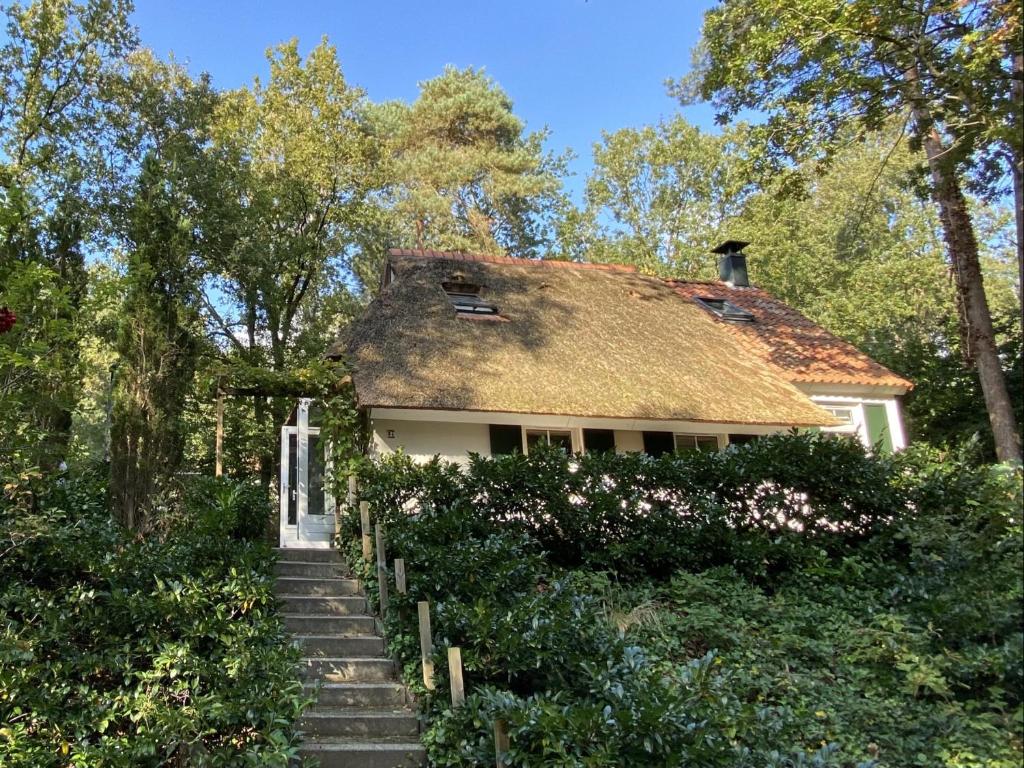 een huis met een tegeldak en een trap naar het huis bij Cottage Uylenhorst, De Witte Bergen 34 in IJhorst