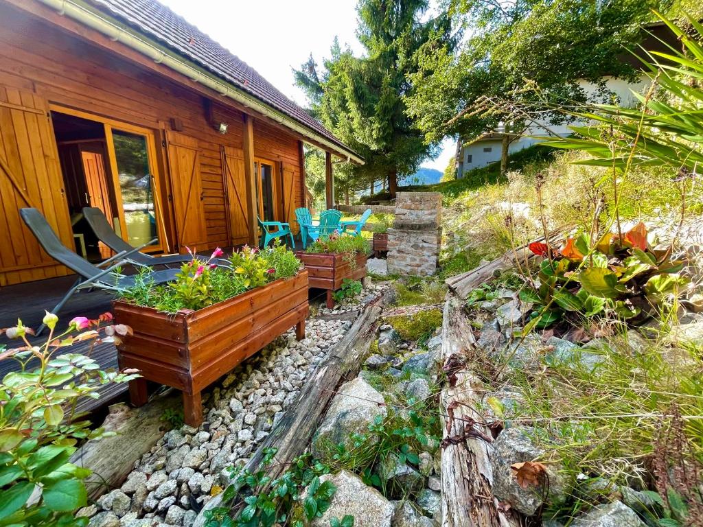 um jardim em frente a uma casa com algumas plantas em Chalet Des Feignes em La Bresse