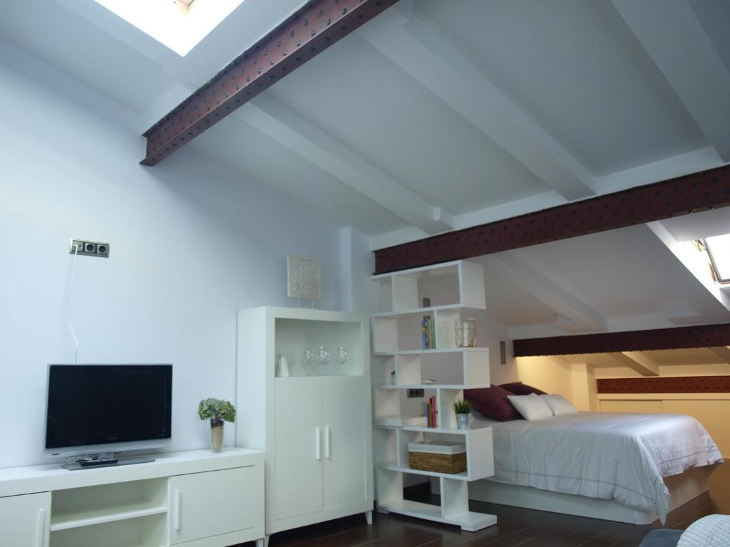 1 dormitorio con 1 cama y TV de pantalla plana en Atico Portales, Diseño en el casco antiguo de Logroño, en Logroño