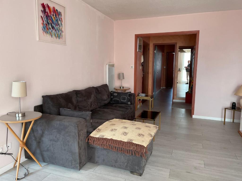 uma sala de estar com um sofá e uma mesa em Appartement 4p 70m2 plein centre avec parking em Agen