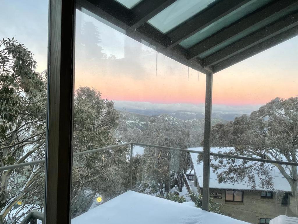 a view from a window with snow on the ground at Winterbrook Chalet in Mount Buller