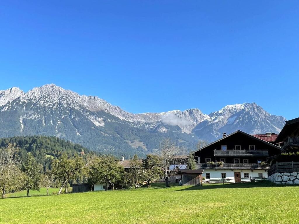 a house in a field with mountains in the background at Farmhouse in Söll near Wilder Kaiser Ski Area in Söll