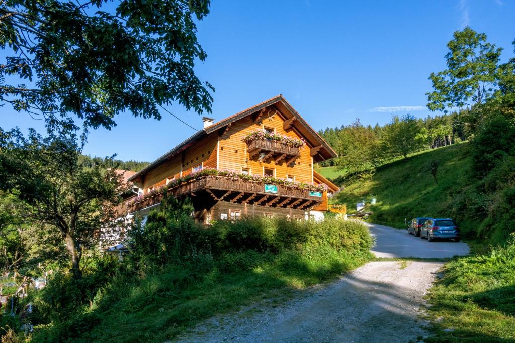 a wooden house on the side of a road at Almbauer Morgenbesser in Trattenbach