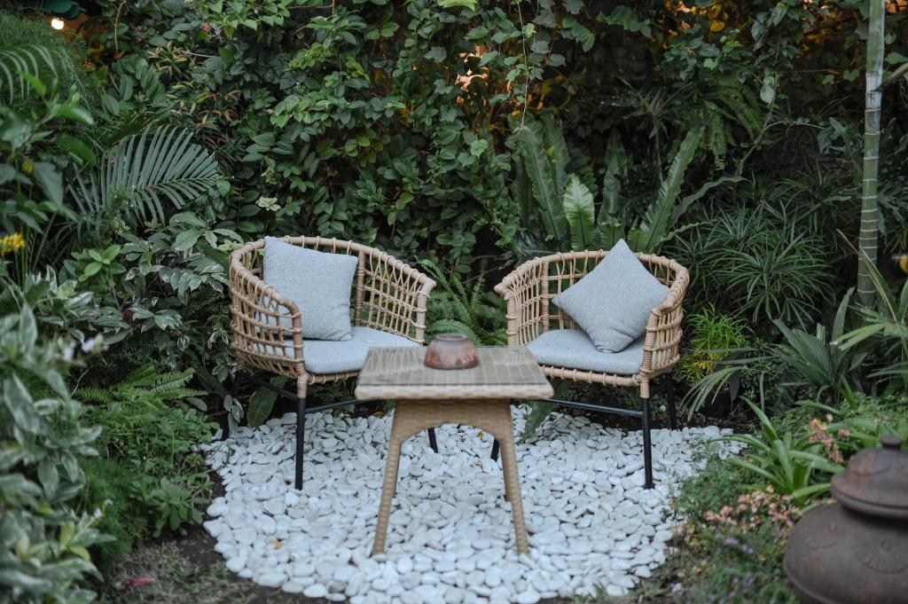 two wicker chairs and a table in a garden at Snooze in Yogyakarta