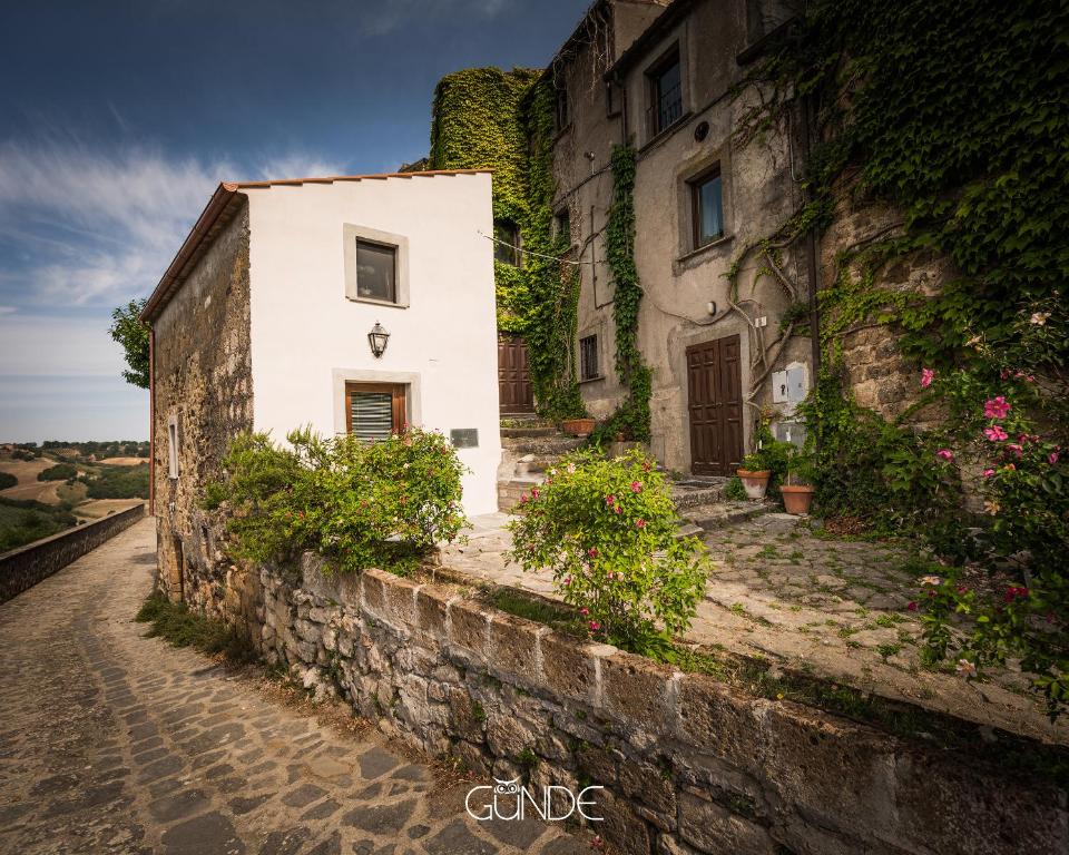 un antiguo edificio en una calle adoquinada con plantas en Appartamento dell'Arco, en Celleno