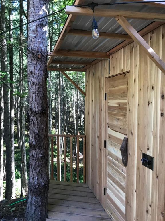 a wooden outhouse with awning next to a tree at Five Elements Lodge B&B with Outdoor Spa in Fernwood