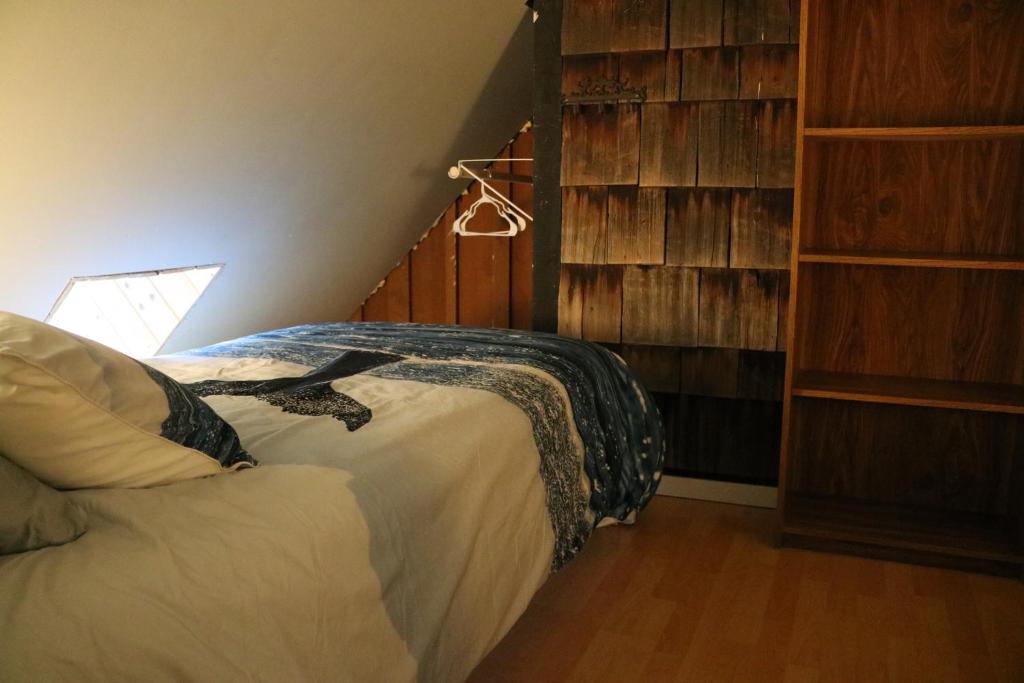 a bedroom with a bed and a book shelf at Five Elements Lodge B&B with Outdoor Spa in Fernwood