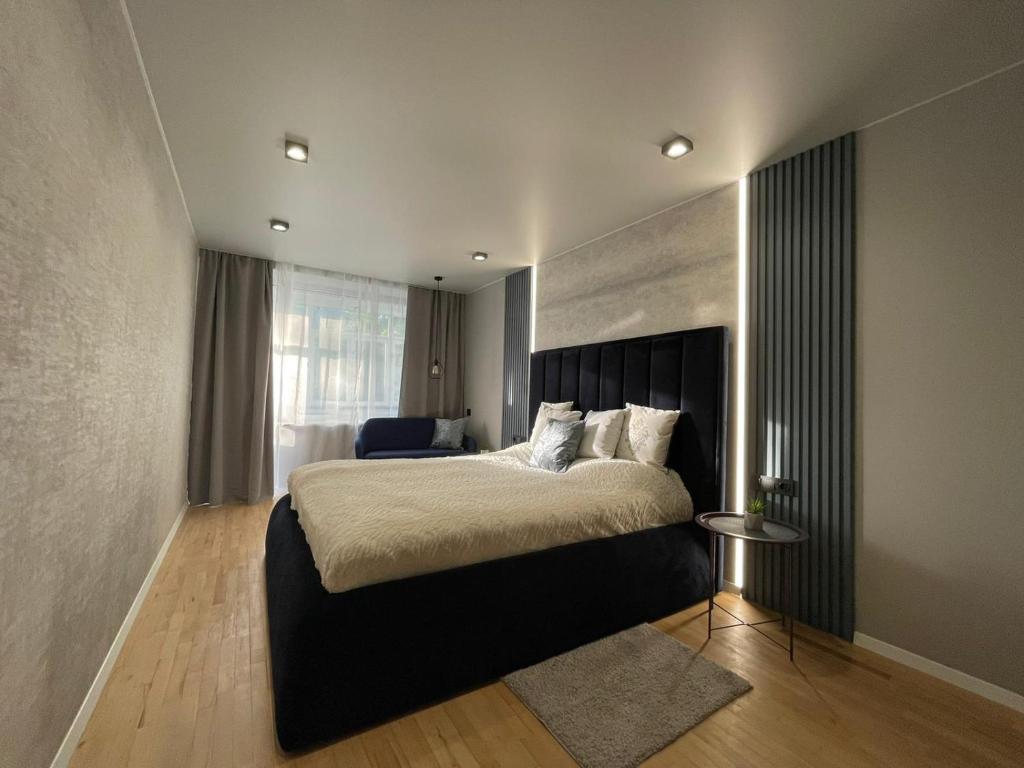 een slaapkamer met een groot bed en een raam bij Citadel VIP apartment in Lviv