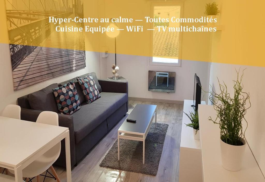 a living room with a couch and a table at Appartement "Gabrielle" au calme en Hypercentre de Revel in Revel