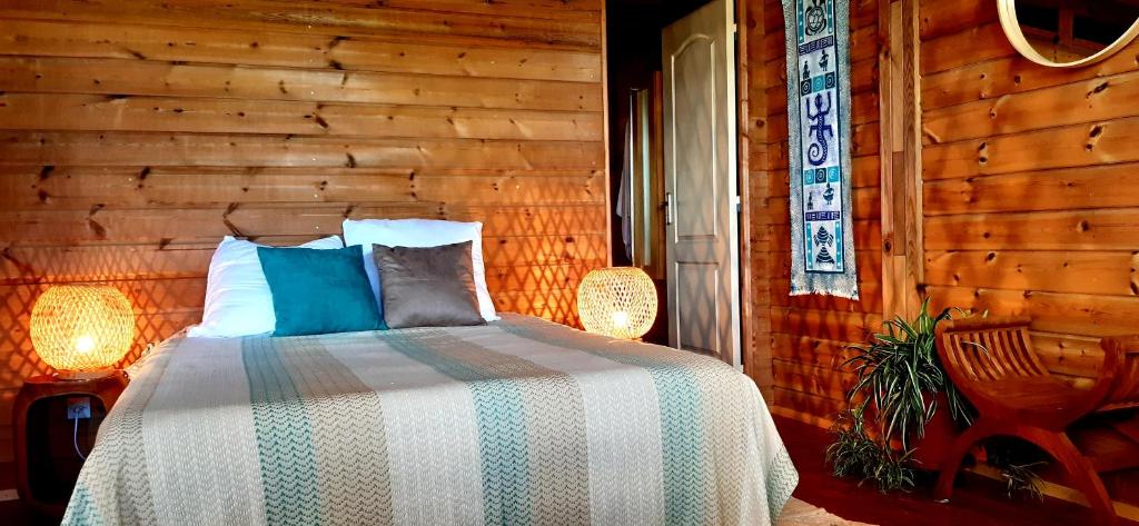 ein Schlafzimmer mit einem Bett und einer Holzwand in der Unterkunft Heliconia 1 ou 2 chambres, cuisine, terrasse, piscine partagée, 2 à 4 personnes in L’Étang-Salé