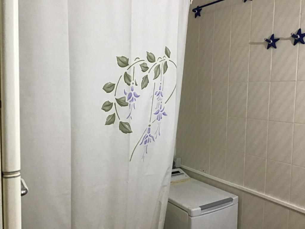 a bathroom with a shower curtain with blue flowers on it at Apartamentos Playamar in La Playa Calera