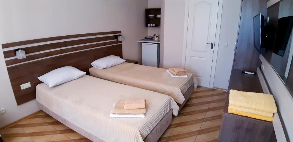 two beds in a small room with a television at Magnoliya in Mizhvodne