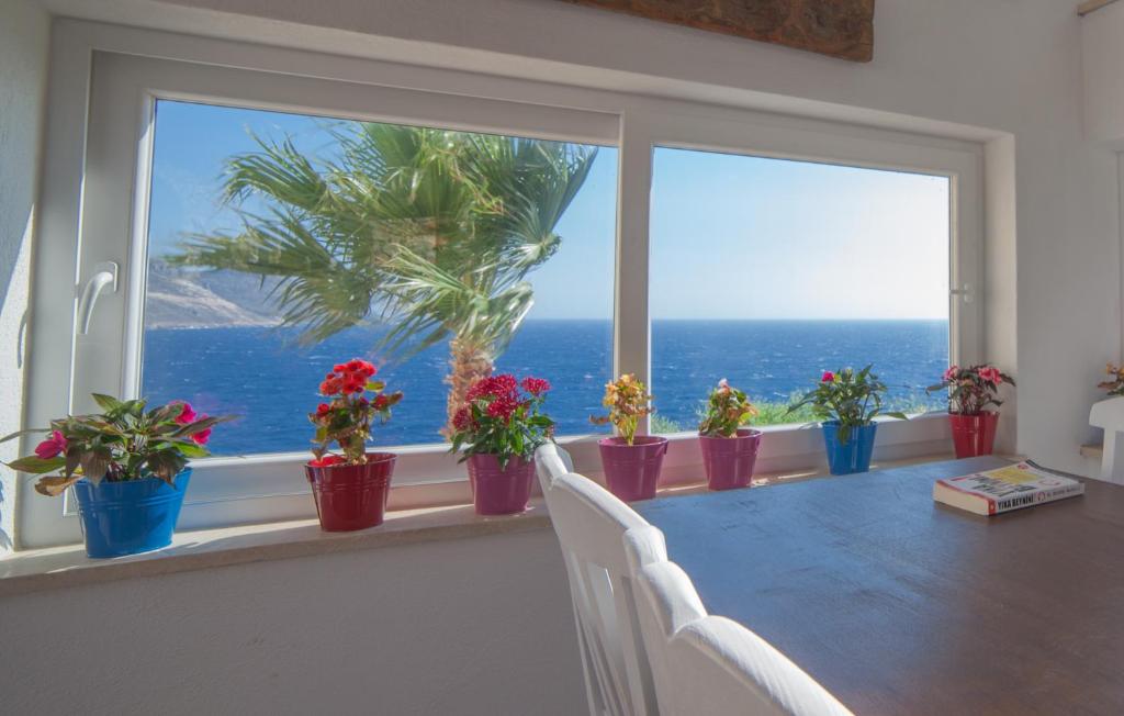 a dining room with a table and potted plants on a window at Sunset Villa Hotel in Kaş