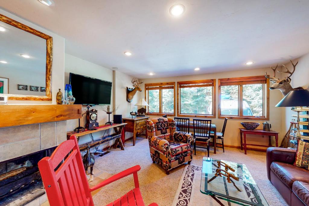 a living room with a couch and a television at Warm Springs Wonder in Ketchum
