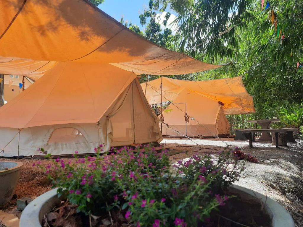 a group of tents in a yard with flowers at Baan Rai Pu Fa in Sattahip