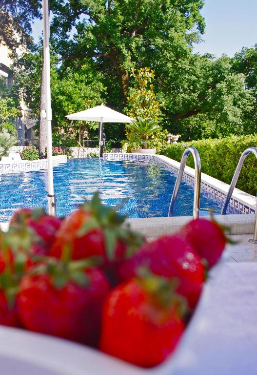 a bunch of strawberries sitting on a table next to a swimming pool at Guest House Villa Dagmar in Crikvenica