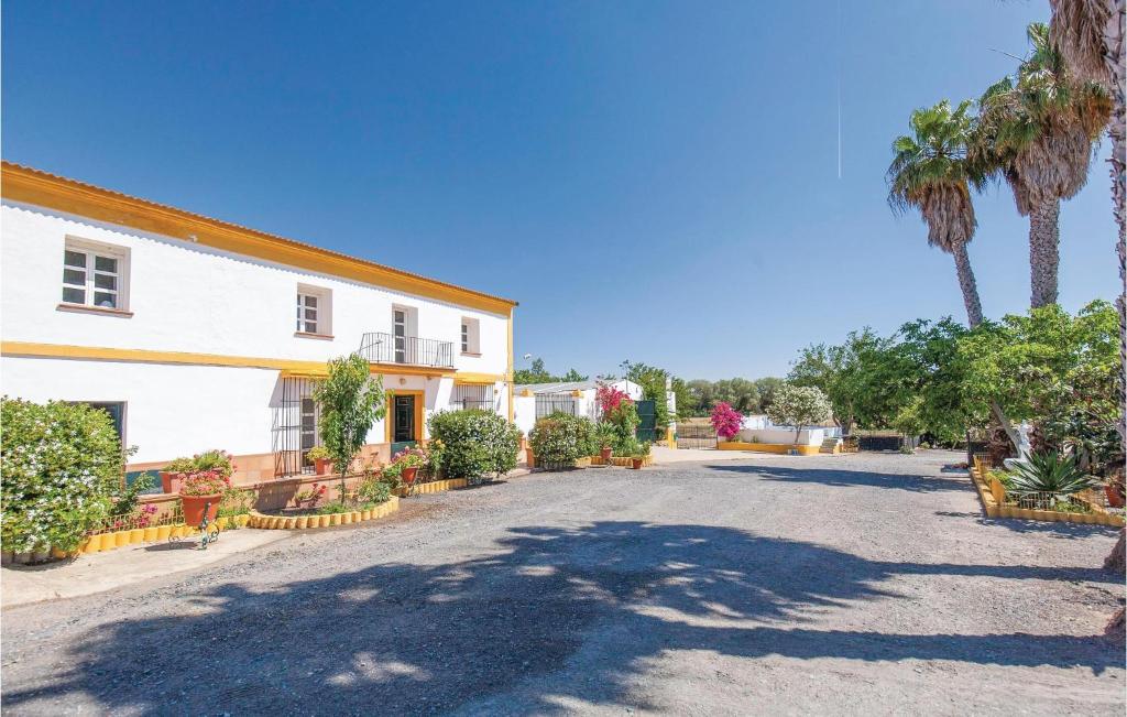 an empty street in front of a building with palm trees at 6 Bedroom Beautiful Home In Huelva in Huelva