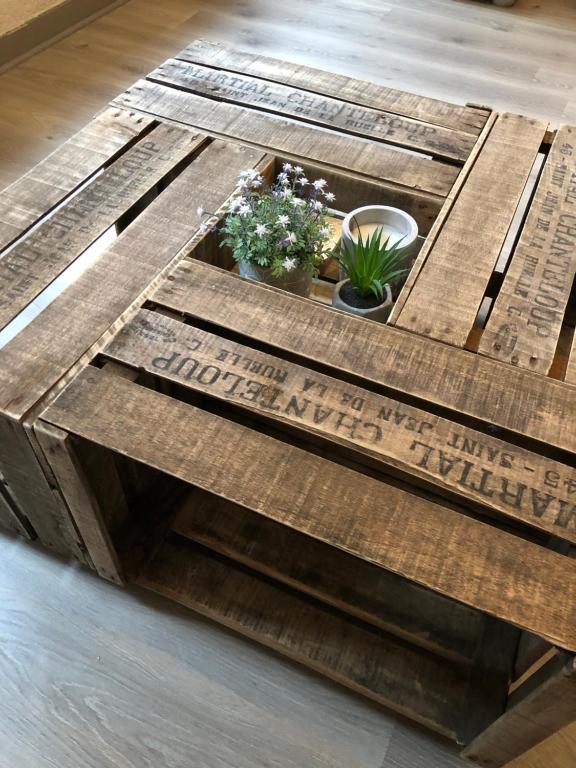 una mesa hecha de madera de paleta con plantas en ella en Le Paillot de Montabert en Troyes