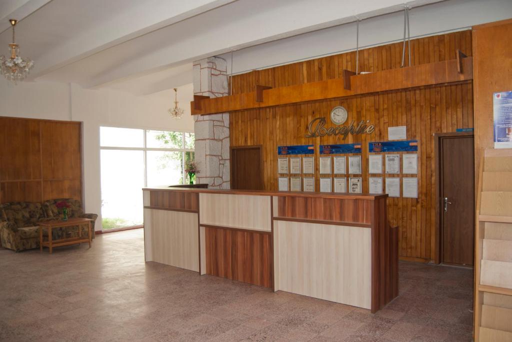 a kitchen with wood paneled walls and a counter at Hotel Prahova in Saturn