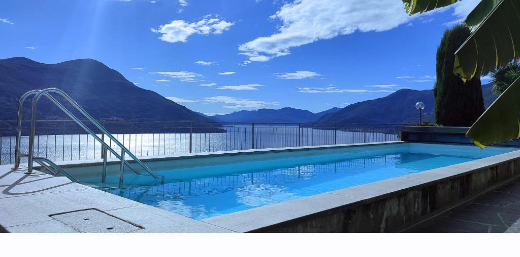 una piscina con un tobogán junto a un cuerpo de agua en Brilago 1, en Brissago