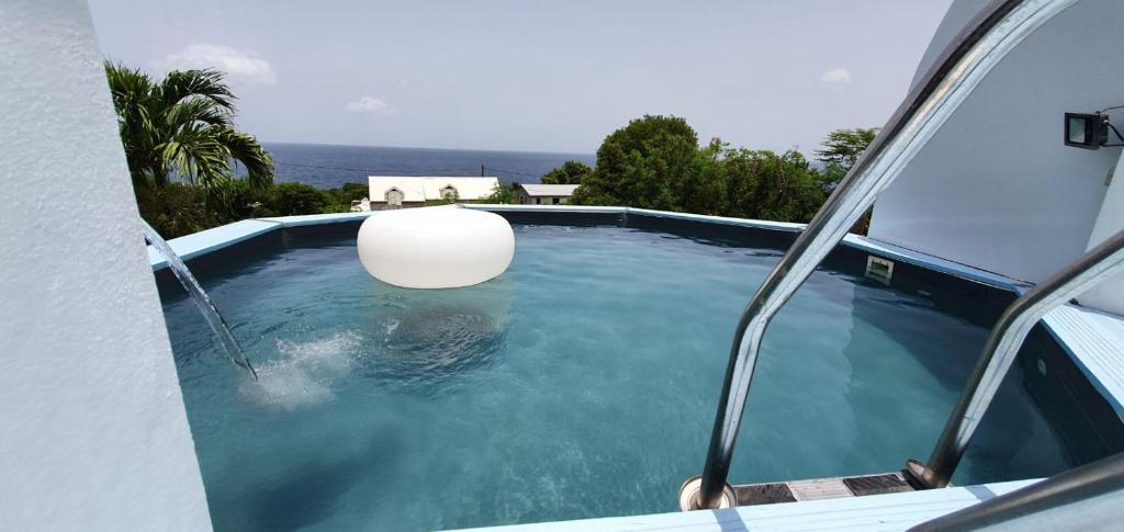 une piscine avec une balle blanche dans la fenêtre d'une voiture dans l'établissement Habitations Amédée, à Bouillante