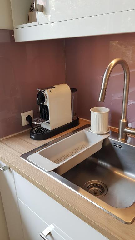 a kitchen counter with a sink and a coffee maker at Blick über Krems mit Gartenpavillon in Krems an der Donau