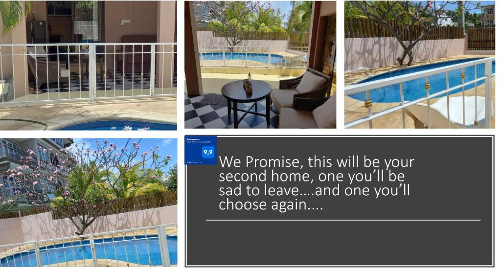 a collage of four pictures of a swimming pool at WAYNES' VILLA in Flic-en-Flac