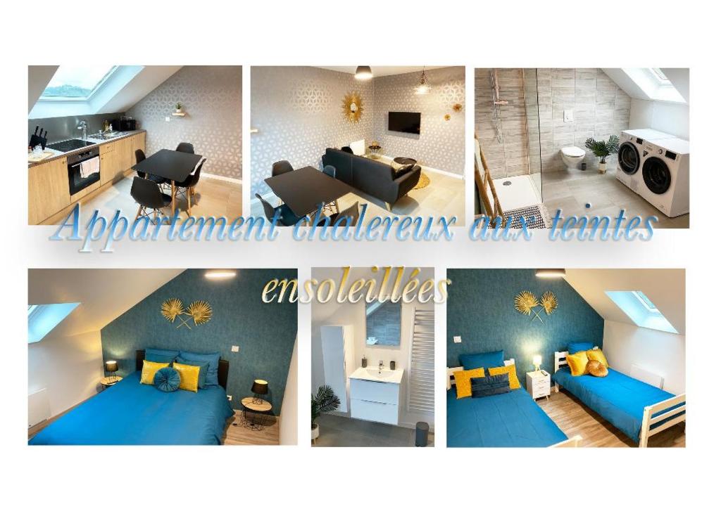 uma colagem de fotografias de uma sala de estar com um sofá azul em APPARTEMENT CHALEUREUX Wifi et parking gratuit em Givet