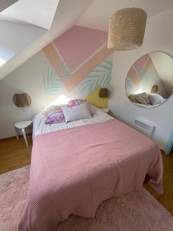 - une chambre avec un lit rose et un miroir dans l'établissement Appartement hyper centre cathédrale avec parking gratuit, à Amiens