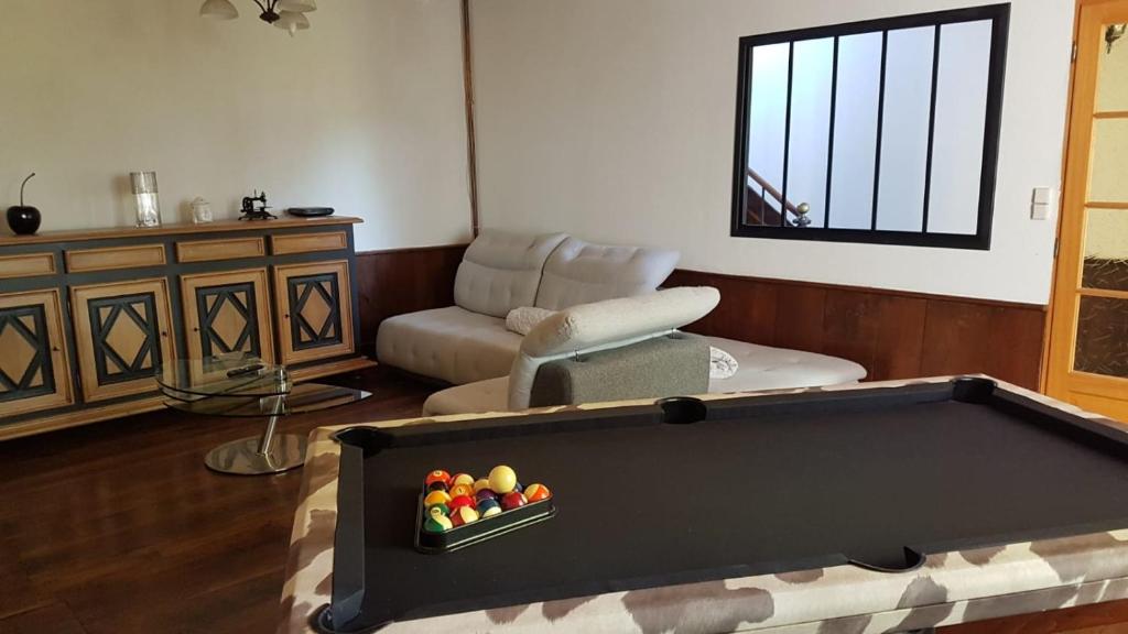ein Wohnzimmer mit einem Billardtisch und einem Stuhl in der Unterkunft Résidence de Suzanne Gîte avec sauna privatif in Brommat