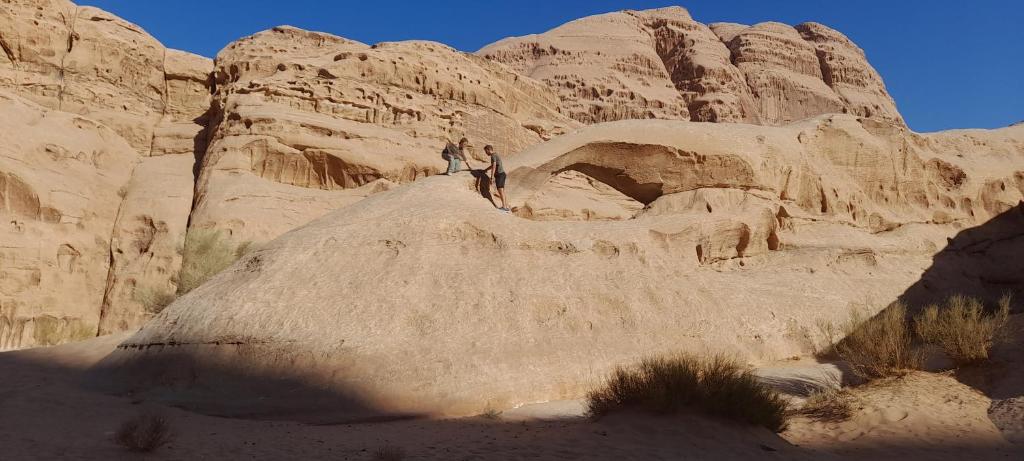 a person standing on a rock in the desert at Wadi Rum Nature Stars Camp in Wadi Rum