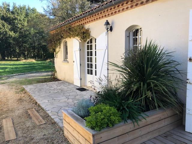 una casa blanca con algunas plantas delante de ella en Gite du Moulin de la Virvée en Saint-André-de-Cubzac