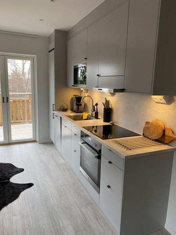 eine Küche mit Küchengeräten aus Edelstahl und einem großen Fenster in der Unterkunft Naturnära boende i vackra Järvsö - F in Järvsö